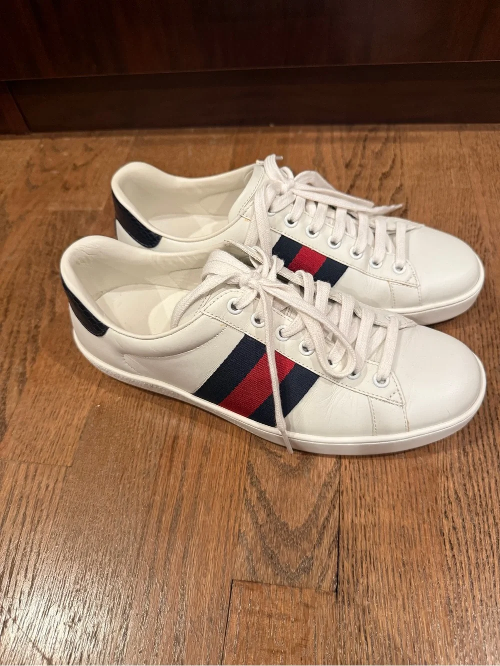 Gucci Ace Classic White Leather Web Stripe Sneakers Navy Snakeskin Heel